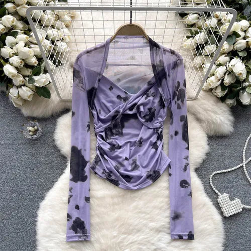 Variant image for Dam Skördetopp Batikdesign V-ringning Blandat Material-8