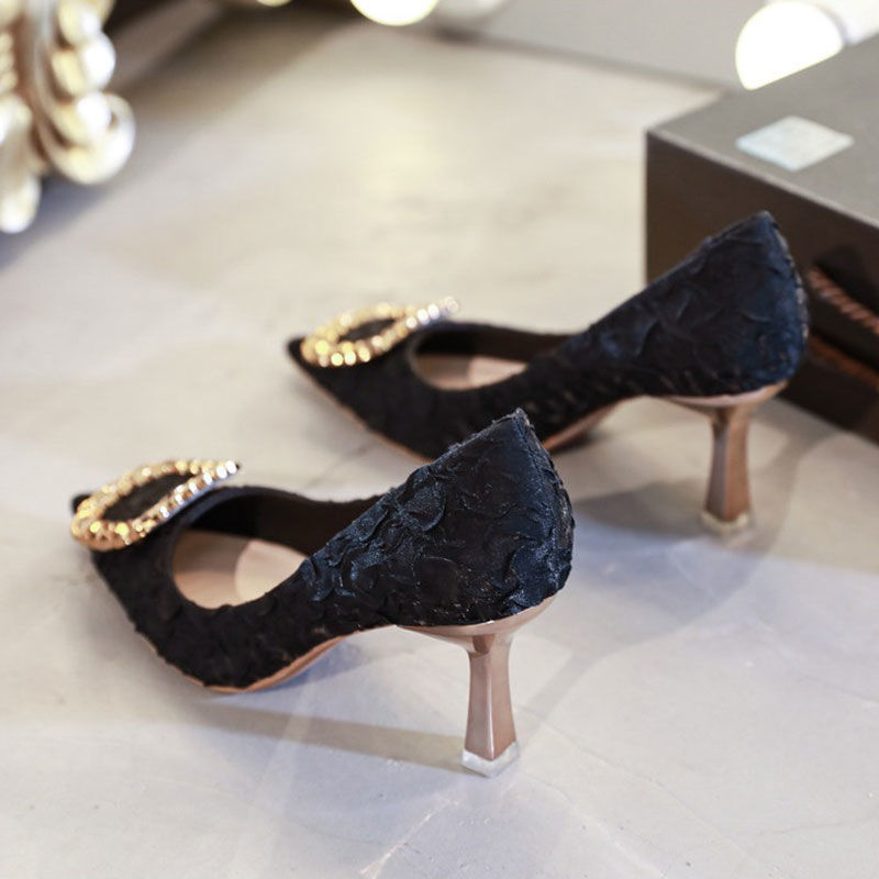 Dam Pumps Spetsig Silhuett Andningsbart Nylon och Kohide-läder-4