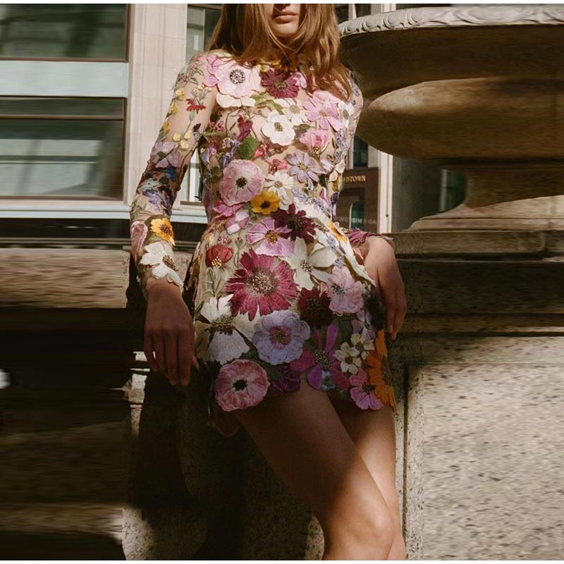 Kvinnors Miniklänning 3D-Blommor Polyester Elegant Festklänning 4