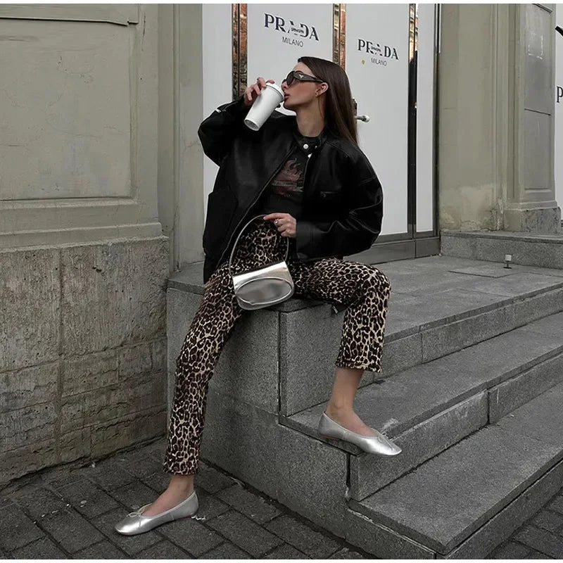 Dam Jeans Smal Passform Leopardtryck Bomull-2