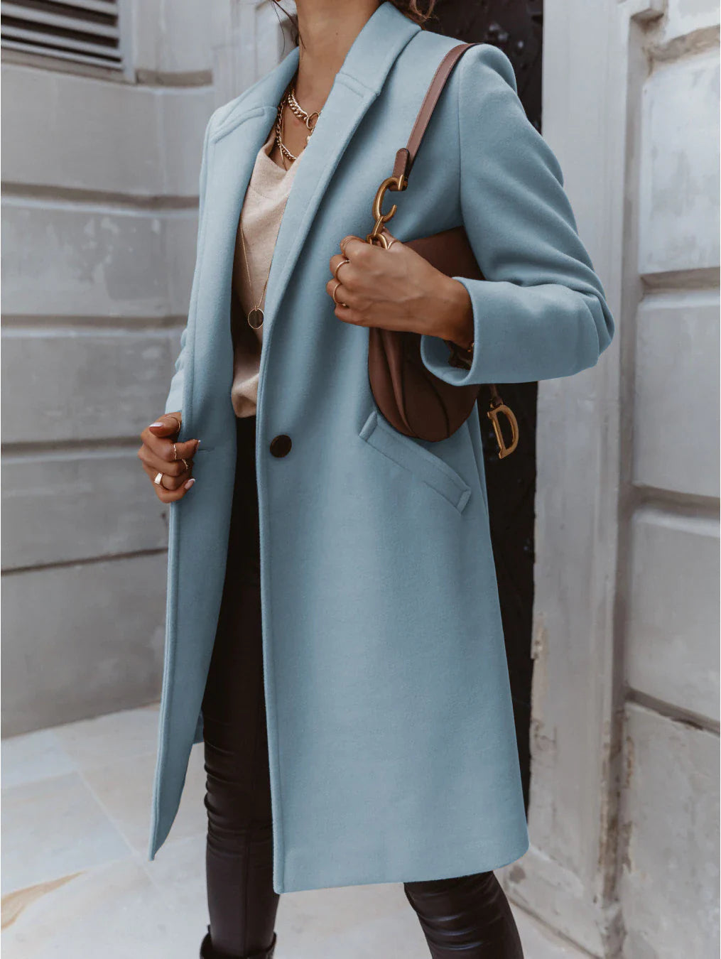 Dam Kappa Lång med Lapel Knapp Polyester-3