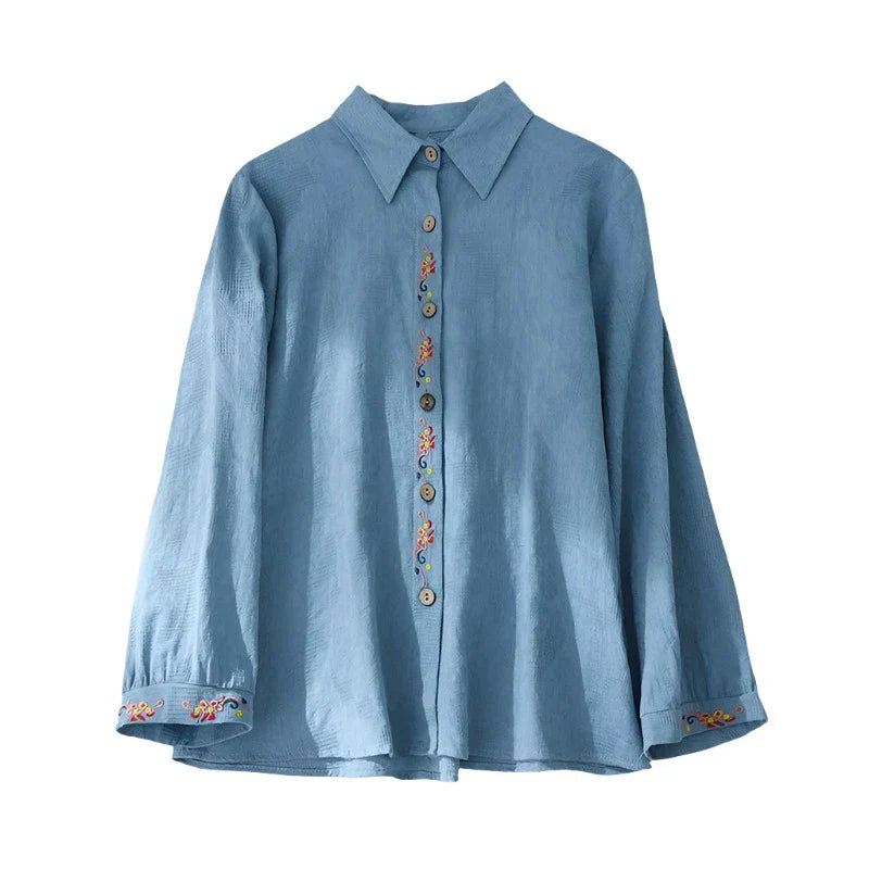 Vit Blus Dam Långärmad med Broderi i 100% Bomull – Elegant och Lätt för Sommar 8