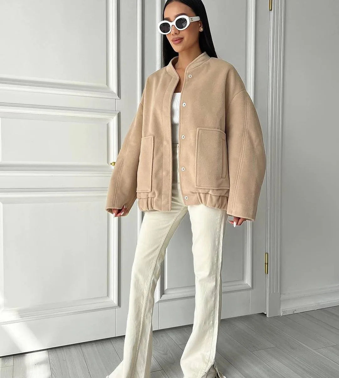 Damjacka Långärmad med Fickor Polyester Elegant Jacka för Dam-3