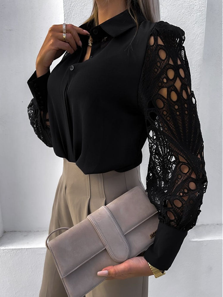 Dam Blus Puffärmar Kontrasterande Krage Polyester-5