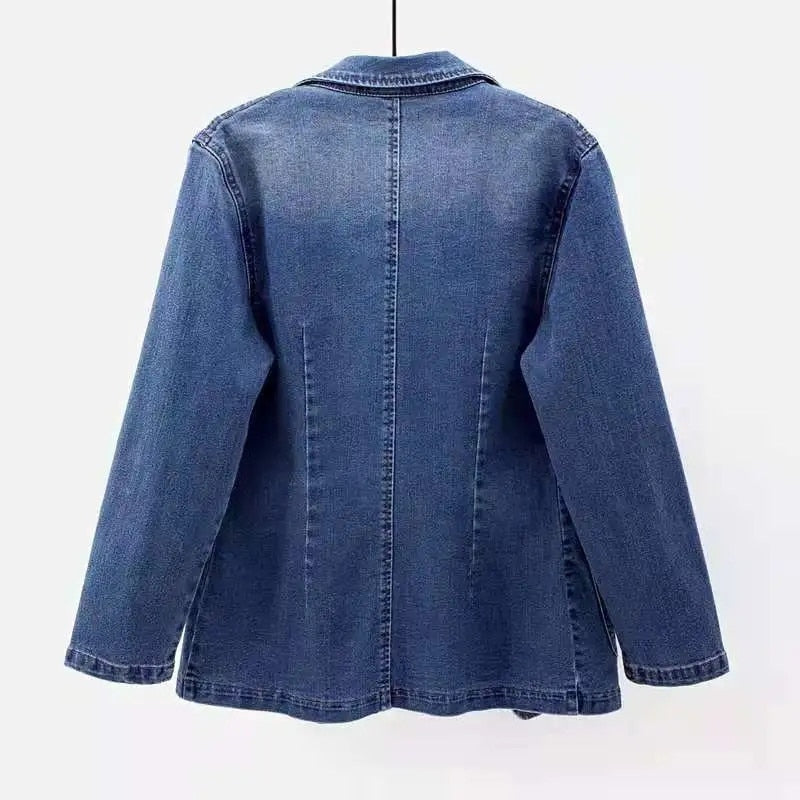 Dam Blazer Denim Modern Stil Skräddarsydd Vändbar Krage-2