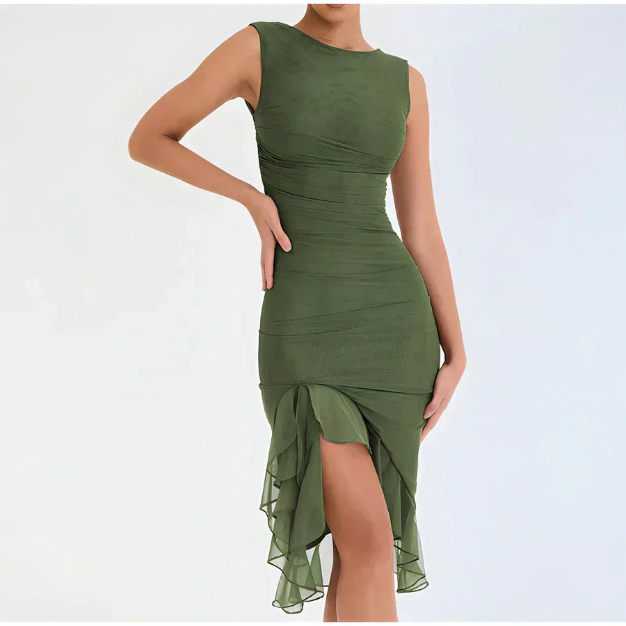 Dam Midi Klänning med Ruffles Elastiskt Material 9