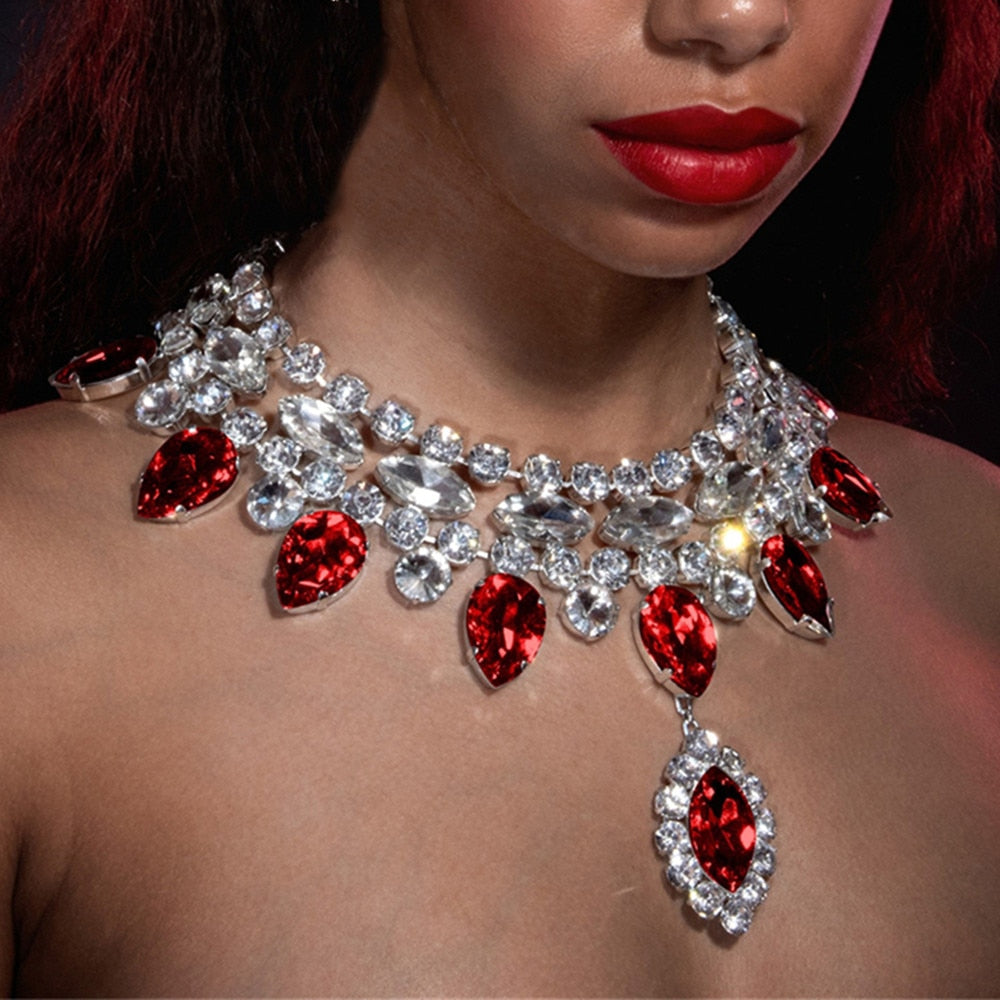 Dam Halsband Vattendroppe Koppar med Röd Strass Elegant Smycke-3