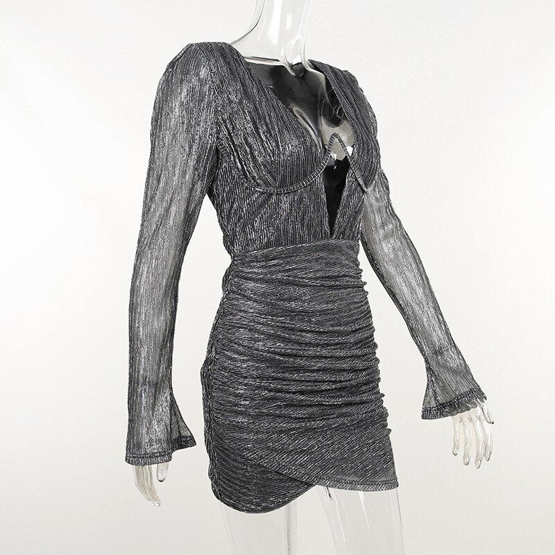 Dam Glittrig Miniklänning V-ringning Slim Fit Polyester med Långa Ärmar-5