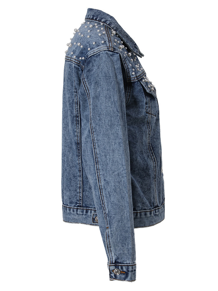 Jeansjacka Dam med Pärldekoration Avslappnad Denim 4