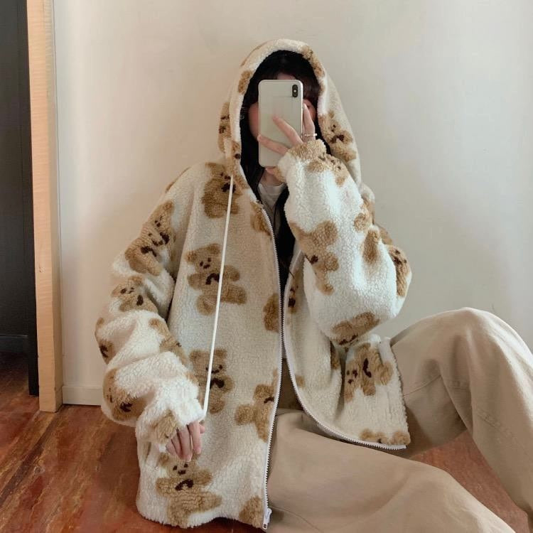 Unisex Hoodie Plysch Nallebjörn Design Mjuk Polyester 3