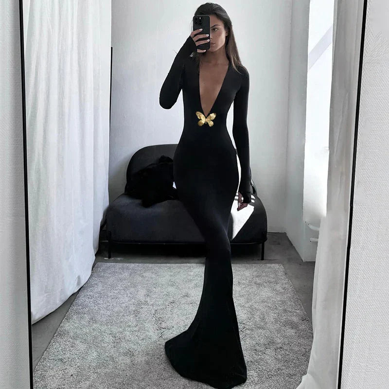 Kvinnors Golvlång Klänning V-ringad Trumpetformad Bomull Polyester-5