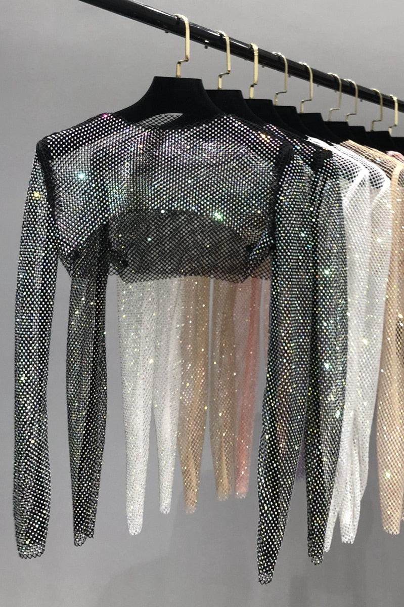Dam Crop Top med Glansig Dekoration i Polyester – Lång Ärmlängd och Elastisk Passform 4