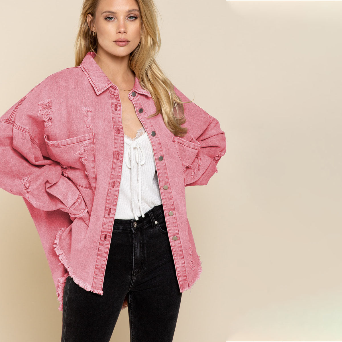 Kvinnors Denimjacka Trendig Robust Denim-3