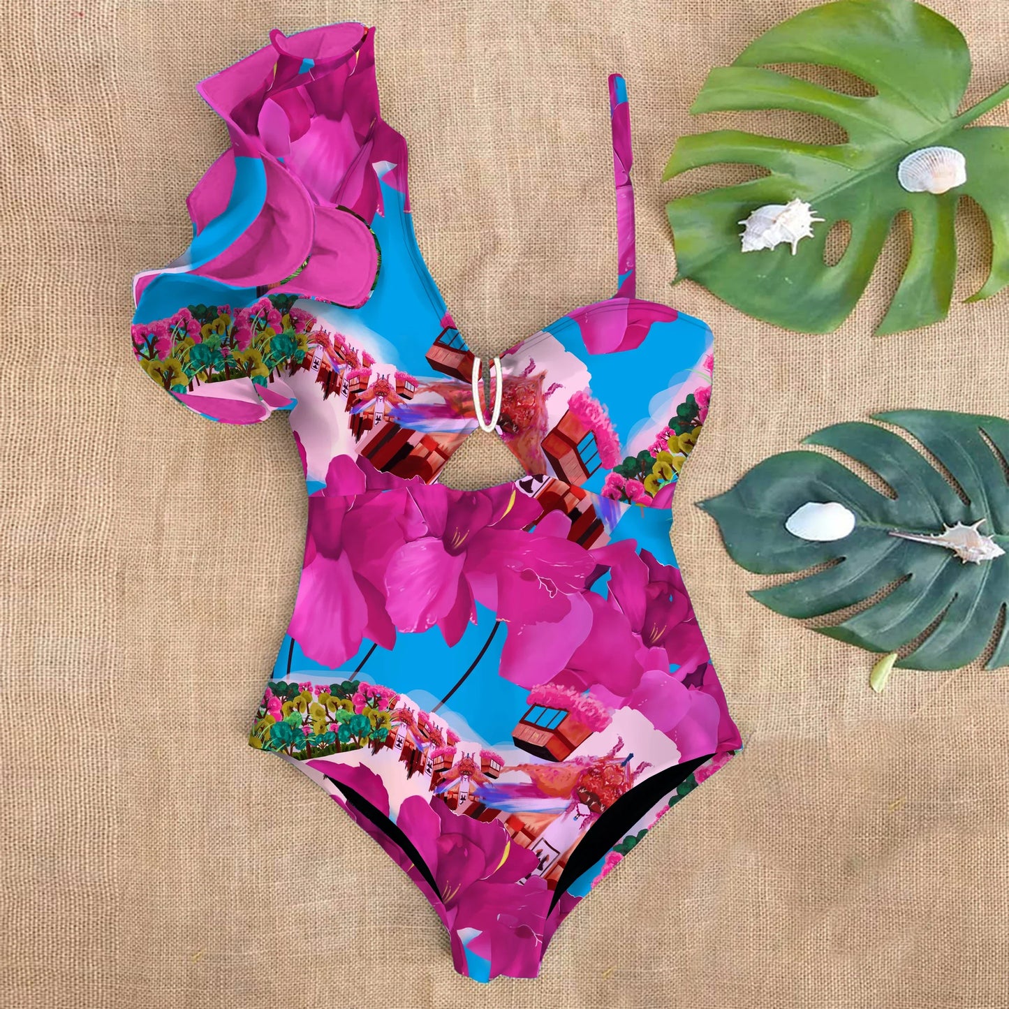 Variant image for Baddräkt Dam En Bit Blommönster med Ruffles Elastan Nylon Polyester-2
