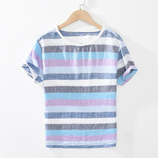 Herr T-shirt Randig Linne KortÀrmad Avslappnad 1