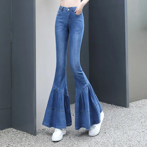 Dam Jeans Hög Midja Schlagjeans Bomull Denim-1