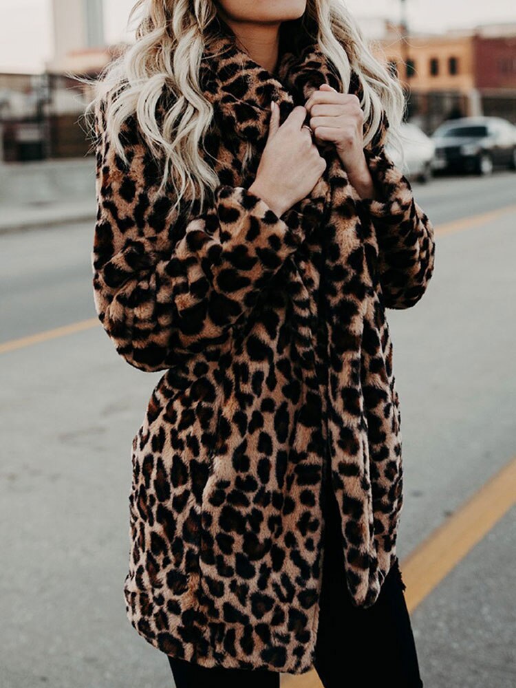 Kvinnors Faux Pälsjacka Leopardmönstrad Höftlängd Lös Passform-4
