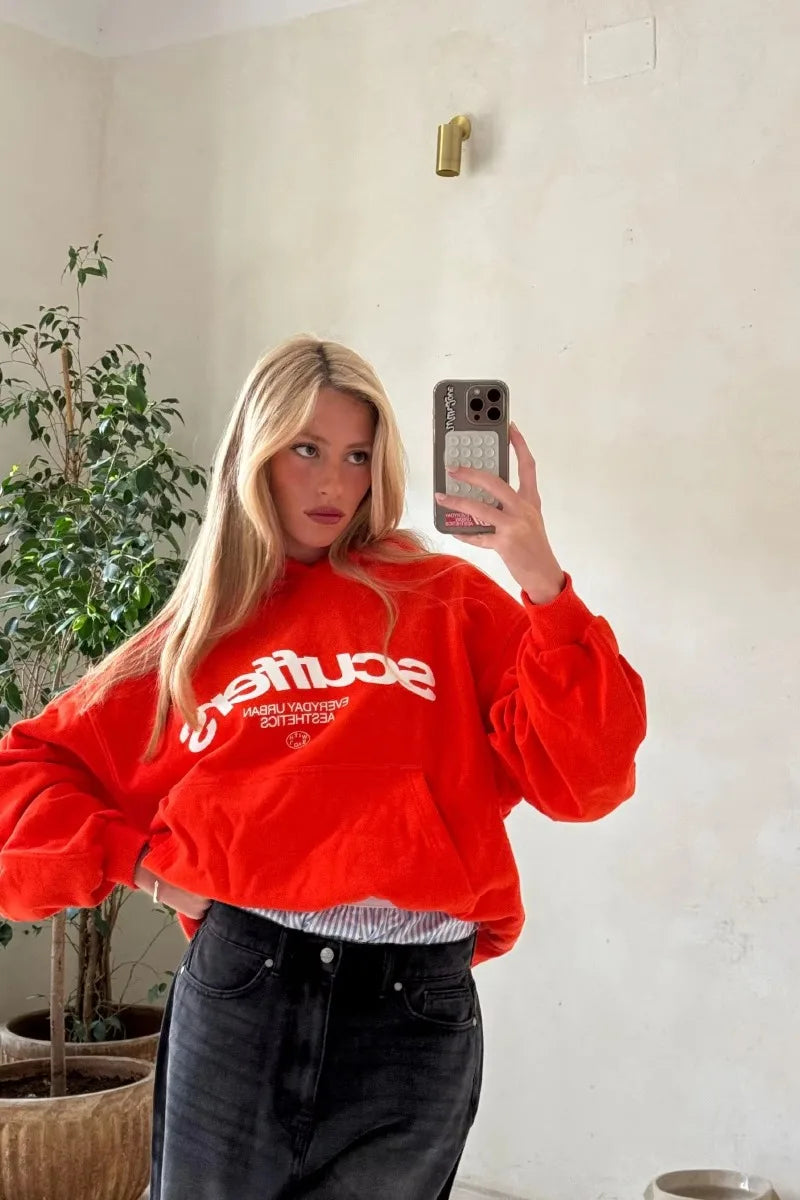 Dam Överdimensionerad Hoodie Mjuk Bomull med Vågig Logotyp-4