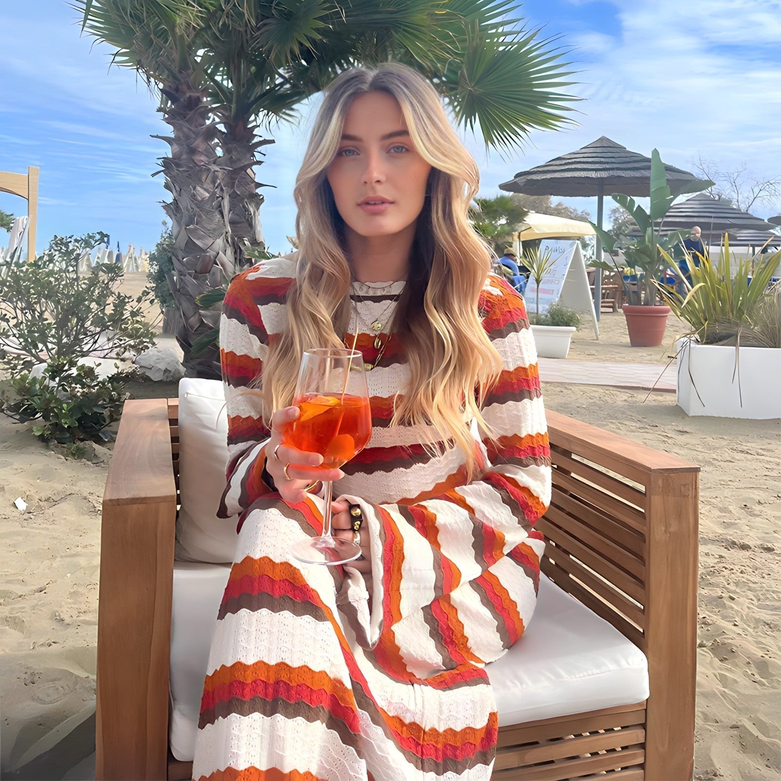 Kvinnors Midi Klänning Randig Andningsbart Tyg-6