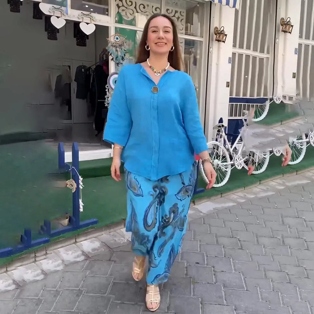 Dam 2-delad Uppsättning V-ringad Blus och Palazzo-byxor i Linne-1