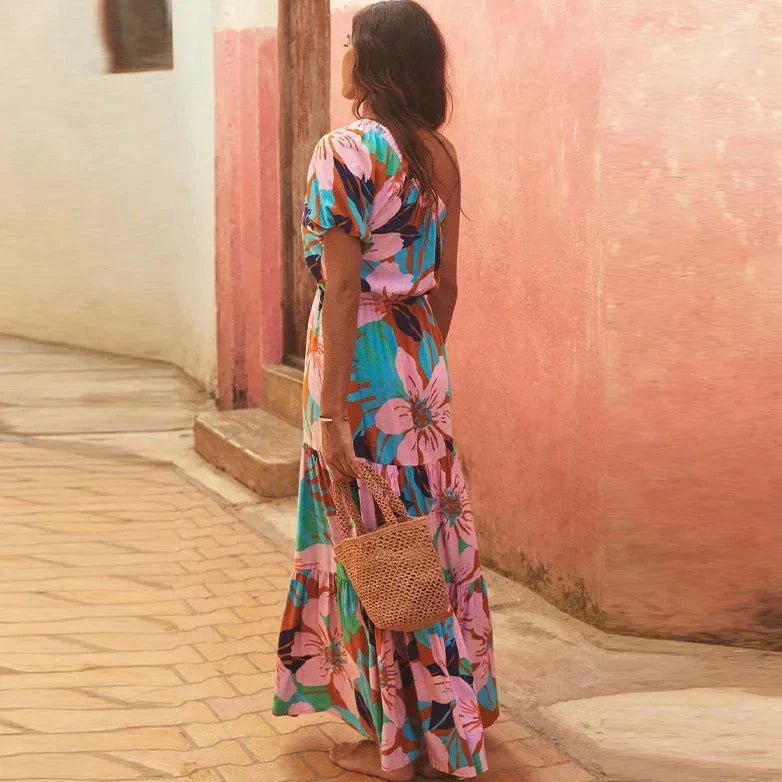 Damklänning En Axel Tryckt Design Högkvalitativt Tyg 5