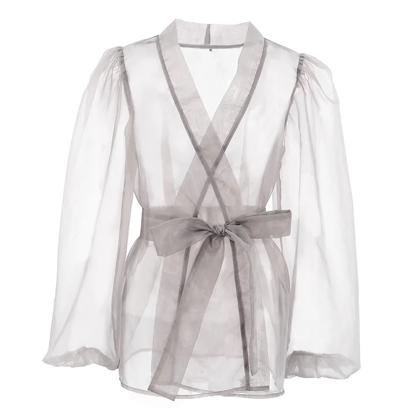 Dam Blus Transparent Organza med Länkbälte Elegant Stil-4
