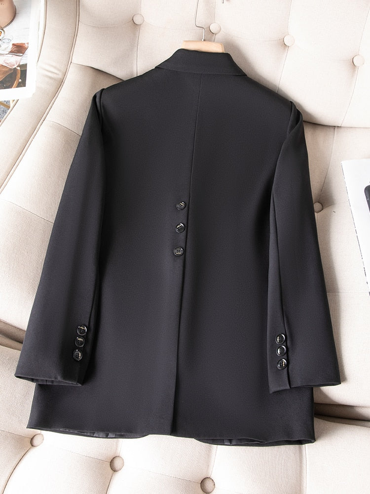 Dam Blazer Monokrom Acetat Spandex Klassisk Snitt med Fickor-4