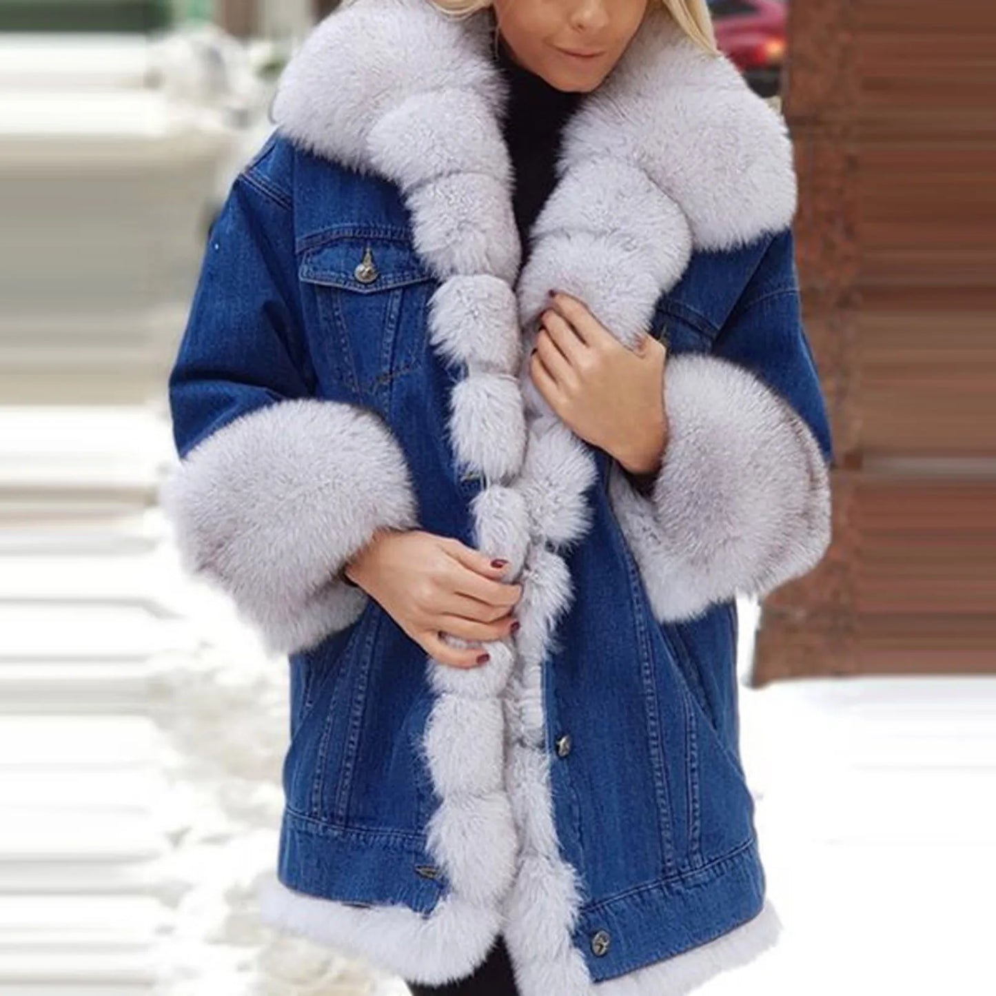 Variant image for Dam Vinterjacka Lång Med Syntetisk Päls Denim-1