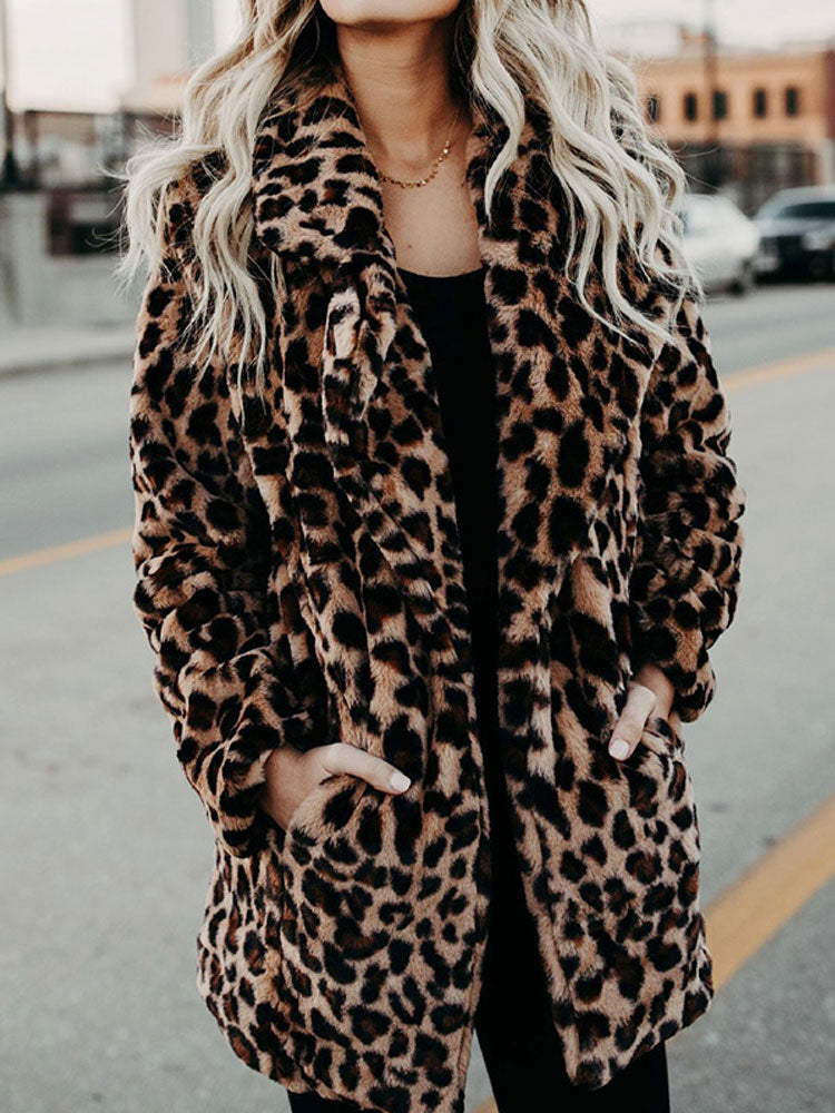 Kvinnors Faux Pälsjacka Leopardmönstrad Höftlängd Lös Passform-3
