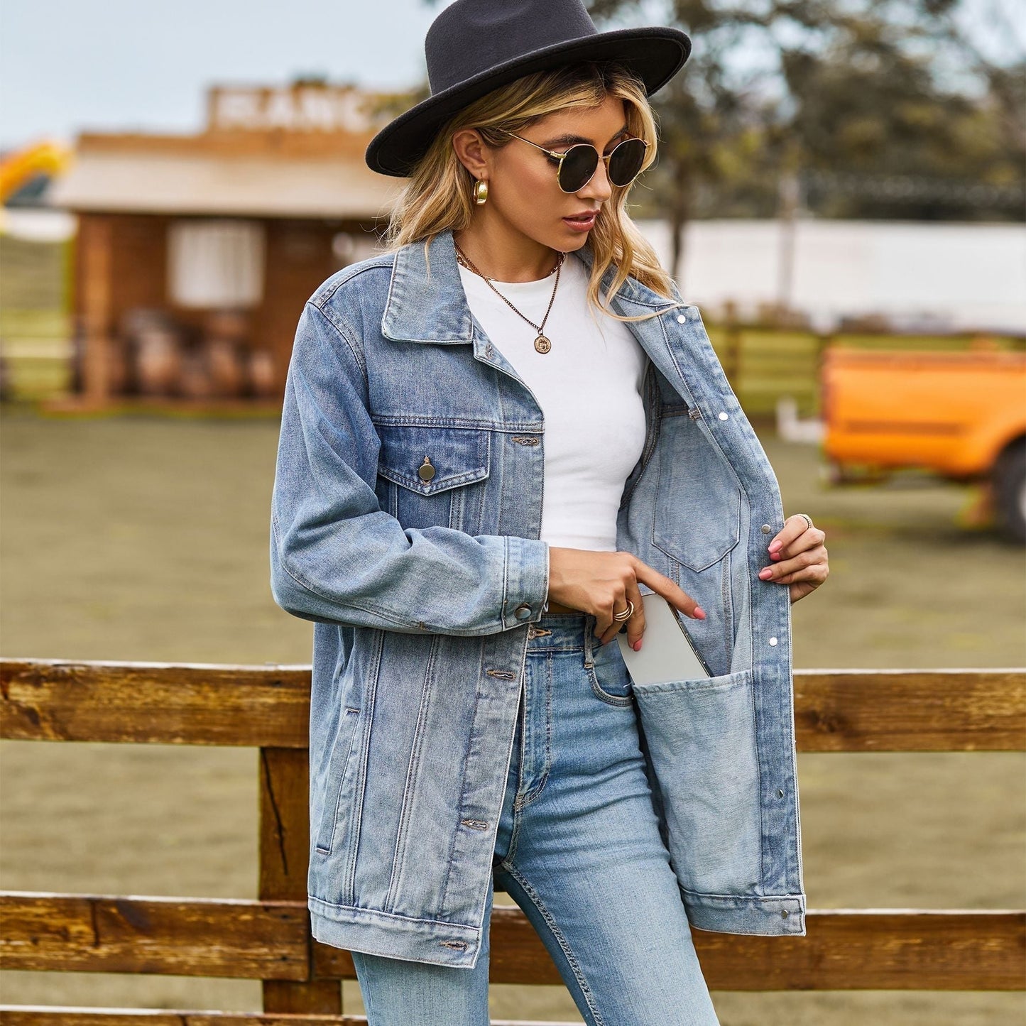 Dam Vintage Denimjacka Knappstängning Denim-2