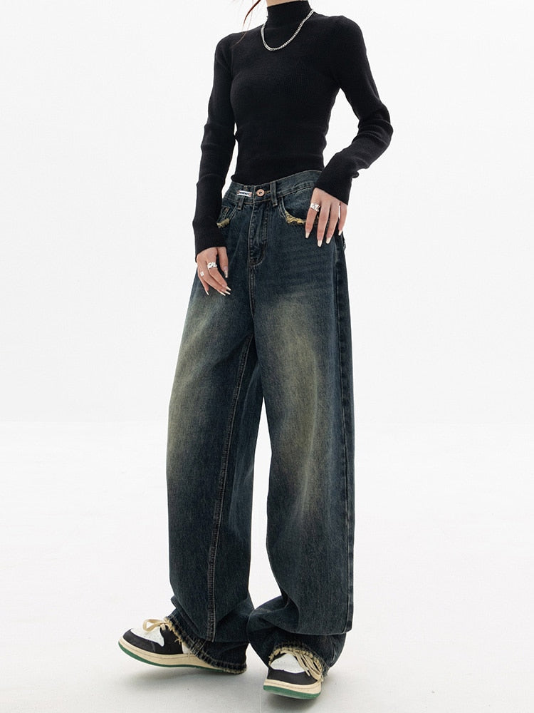 Kvinnors Baggy Wide Ben Jeans Hög Midja Denim 2
