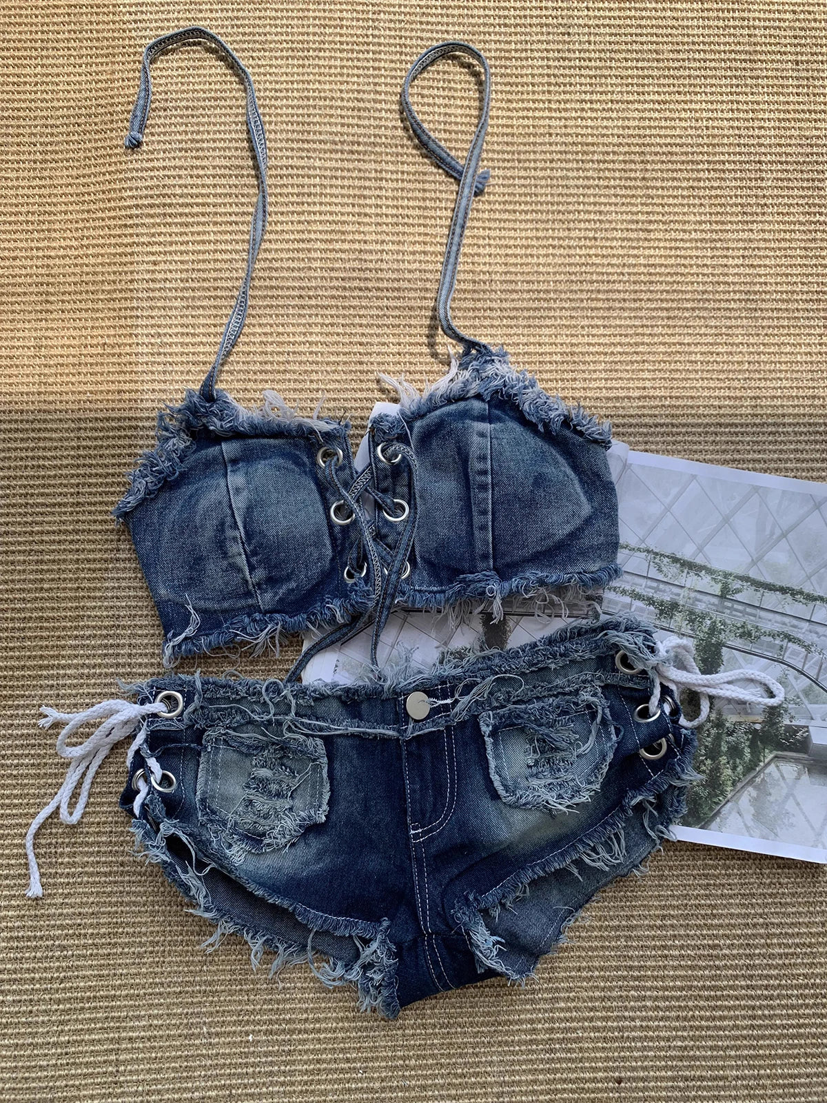 Dam Shorts Set Trendiga Hål Detaljer Bomull och Spandex-6