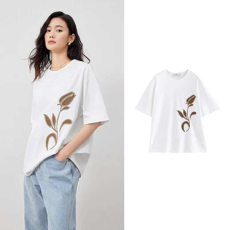 Dam T-shirt Blommönster Avslappnad Bomull-5