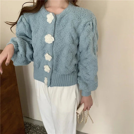 Kvinnors LÄng Kofta Stickad Ullblandning med Blommaknappar-1