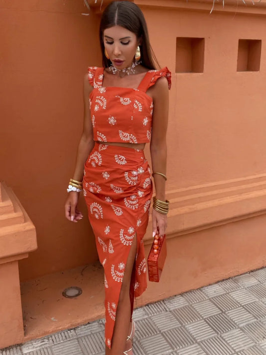 Kvinna Tvådelad Boho Uppsättning Kort Topp Midi Kjol Lätt Andningsbart Tyg-1