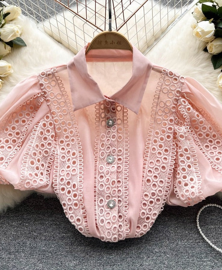 Dam Blus Puffärmar Mjuk Bomull Monokrom 8