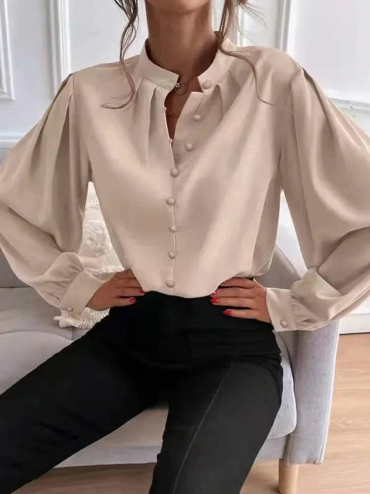 Dam Blus Långa Ärmar Knappstängning Polyester Elegant Stil 3