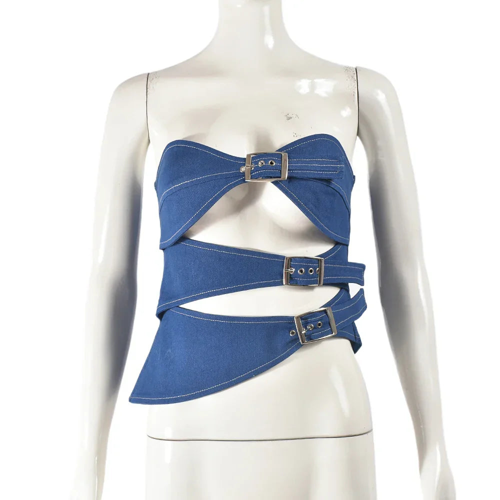 Variant image for Dam Body Crop Top Denim Förförisk Halsringning-1
