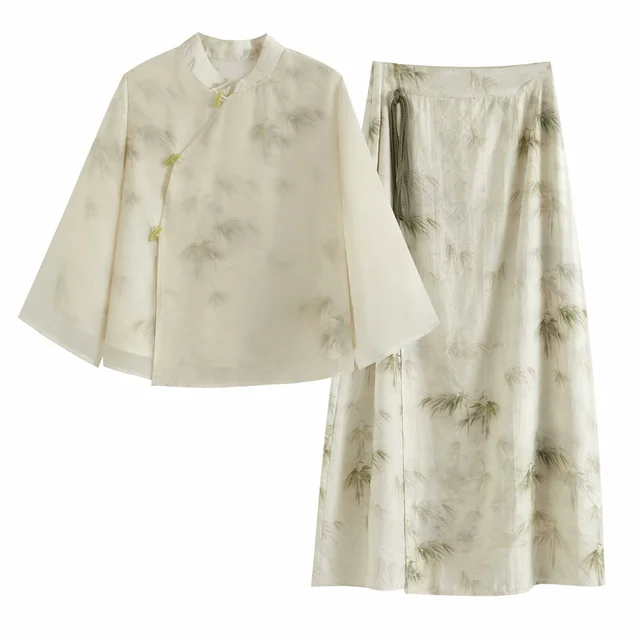 Tvådelat Set Dam Sommartryck Polyester Topp och Byxor 1