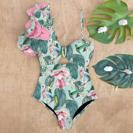 Baddräkt Dam En Bit Blommönster med Ruffles Elastan Nylon Polyester-1