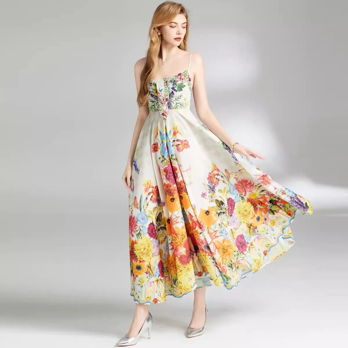 Kvinna Midi Klänning A-linje Spaghetti Band Bomull Polyester-2