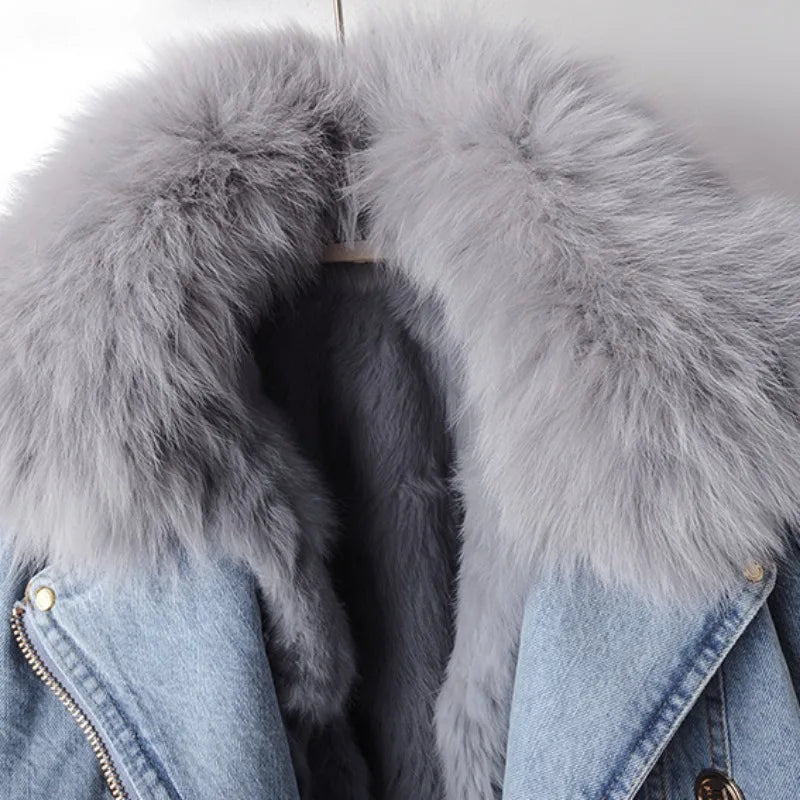 Dam Kappa Avtagbar Krage Denim med Tvättbjörnpäls-4