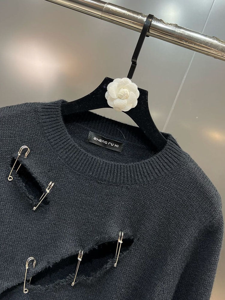 Stickad Dam Tröja Monokrom Polyester med Virkningsarbete-6