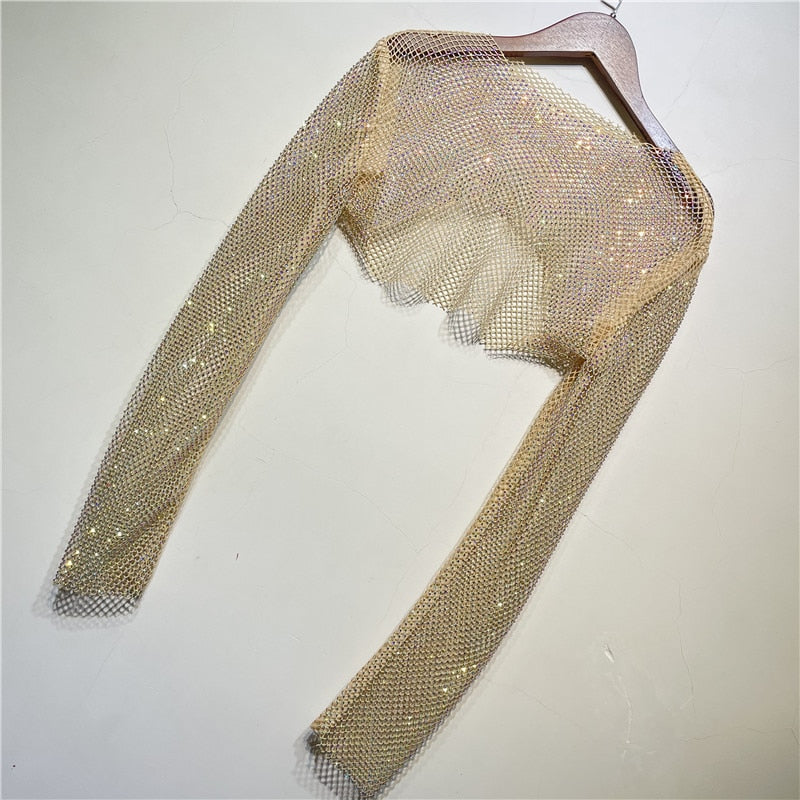 Dam Crop Top med Glansig Dekoration i Polyester – Lång Ärmlängd och Elastisk Passform 10