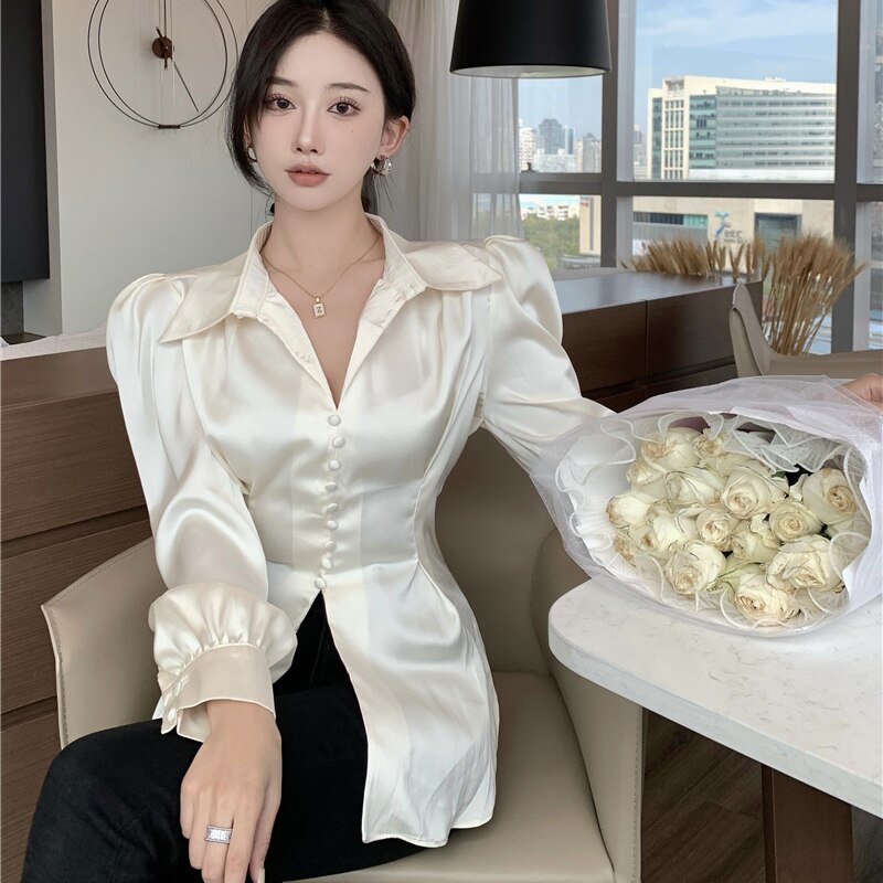 Dam Blus Puffärmar Satin Polyester-5