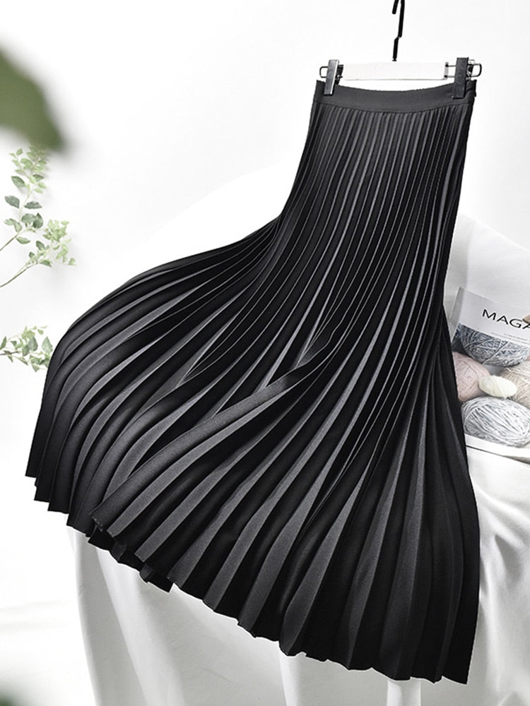 Dam Hög Midja Veckad Lång Kjol Polyester Elastan-2