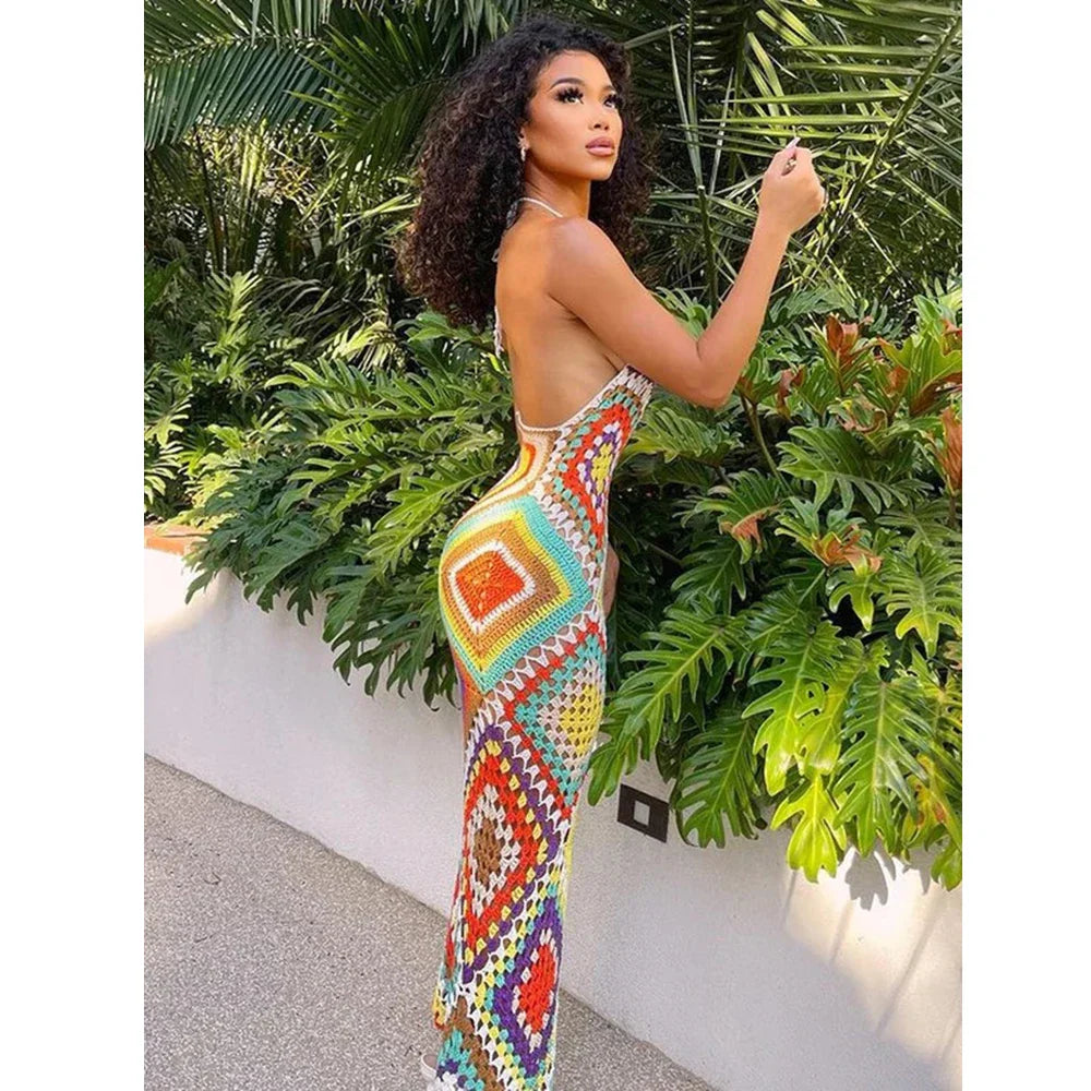 Dam Maxiklänning Geometrisk Vävda Blommor Akryl och Bomull-4