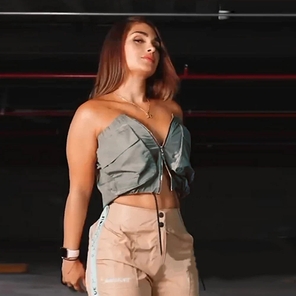 Dam Crop Top Kort Monokrom Polyester-4