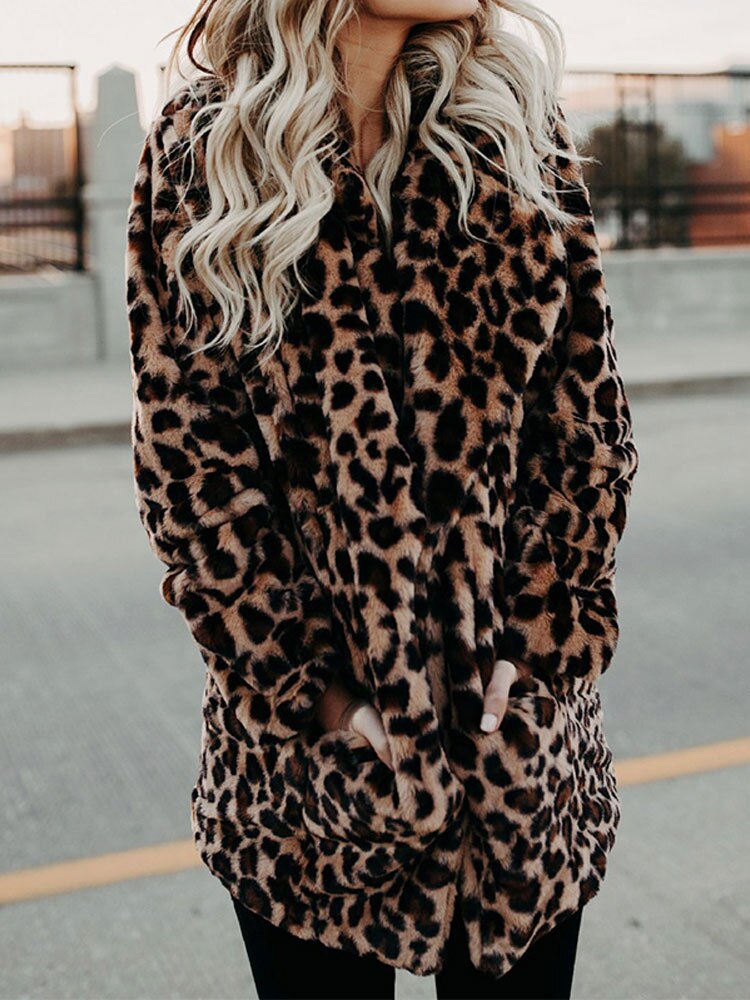 Kvinnors Faux Pälsjacka Leopardmönstrad Höftlängd Lös Passform-2