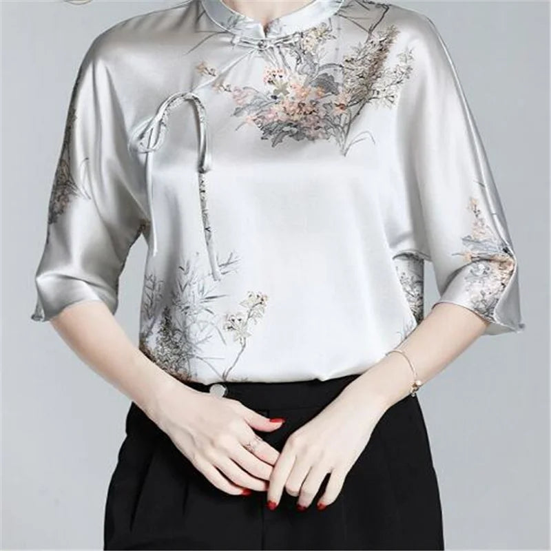 Dam Blus med Blommiga Ärmar Acetat Regelbunden Passform-2